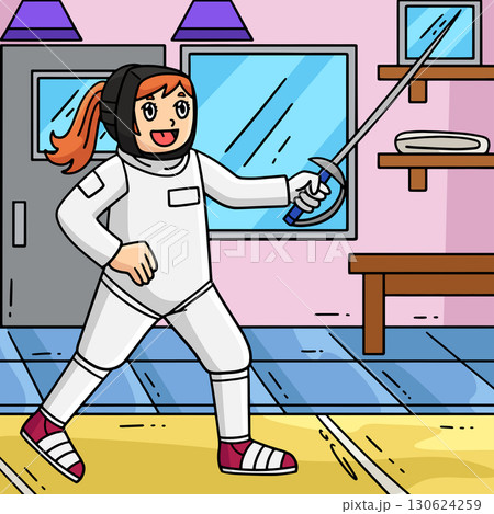 Fencing Female Fencer with a Sabre Colored Cartoon 130624259