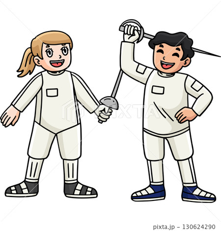 Fencing Male and Female Fencers Cartoon Clipart  130624290