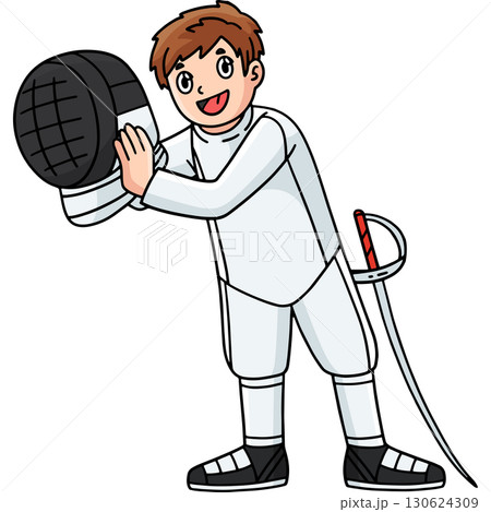 Fencing Male Fencer Putting a Mask Cartoon Clipart 130624309