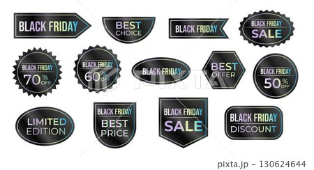 Collection of stickers and labels with holographic inscriptions with discounts and special offers, Black Friday sale. Collection of stickers and labels with holographic inscriptions with discounts and special offers, Black Friday sale. 130624644