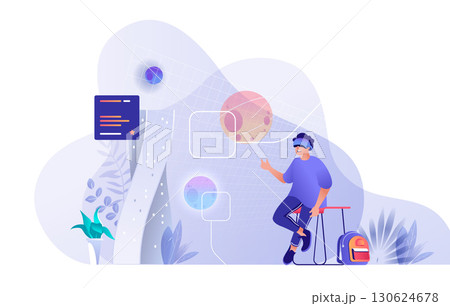 Virtual reality concept for modern web design. People using vr headsets for cyberspace exploration, man in helmet interacting with simulation. Flat vector illustration isolated on white background. 130624678