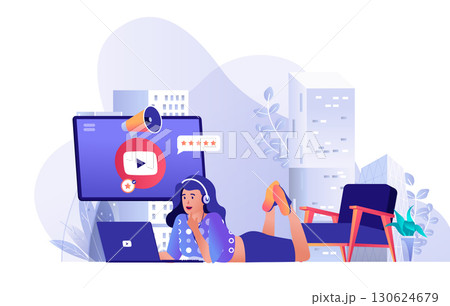 Video marketing concept for modern web design. People making online advertising campaign, woman creating video content for attracting followers. Flat vector illustration isolated on white background. 130624679