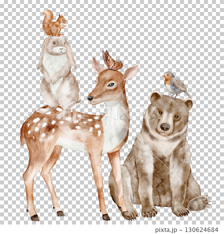 Watercolor woodland Animals including deer, bear, hare, squirrel, bird and butterfly. Illustration of forest creatures for nursery posters or baby shower invitations and greeting cards. 130624684