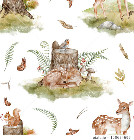 Watercolor seamless Pattern with Fawns, birds, butterflies and forest plants. Illustration of Deer with woodland autumn leaves for childish textile, kids wrapping paper or nursery wallpaper. 130624695