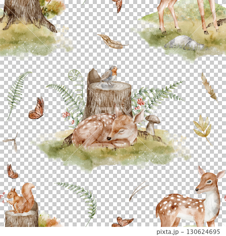 Watercolor seamless Pattern with Fawns, birds, butterflies and forest plants. Illustration of Deer with woodland autumn leaves for childish textile, kids wrapping paper or nursery wallpaper. 130624695