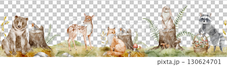 Watercolor border with Woodland Animals near stumps and trees. Seamless Pattern with bear, deer, fox, raccoon, hare, squirrel, birds and mushrooms for nursery walls. Frame with forest creatures. 130624701