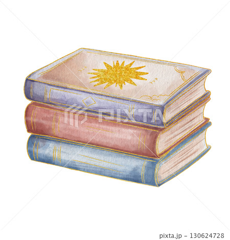 Stack of books. Painted in watercolor. Blue, red, and purple binding with a gold sun symbol. Subject of study: esotericism, witchcraft. Isolated on a white background. Retro style Stack of books. Painted in watercolor. Blue, red, and purple binding with a gold sun symbol. Subject of study: esotericism, witchcraft. Isolated on a white background. Retro style 130624728