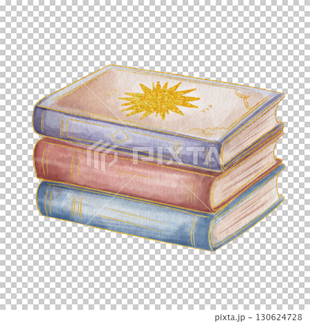 Stack of books. Painted in watercolor. Blue, red, and purple binding with a gold sun symbol. Subject of study: esotericism, witchcraft. Isolated on a white background. Retro style Stack of books. Painted in watercolor. Blue, red, and purple binding with a gold sun symbol. Subject of study: esotericism, witchcraft. Isolated on a white background. Retro style 130624728