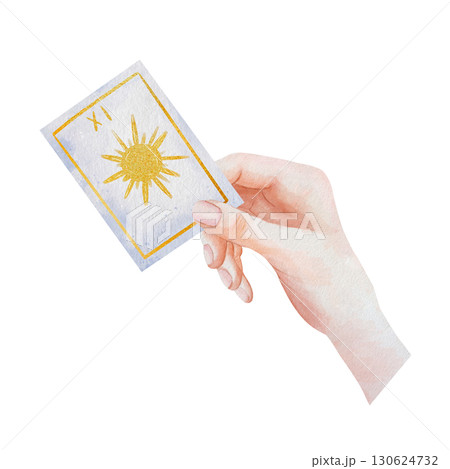 A Hand Holding a Tarot Card with a Sun Symbol in a Gold Frame. Watercolor illustration of fortune telling or prediction. Hand-drawn, isolated on a white background 130624732