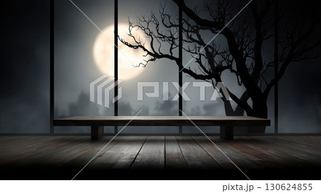Halloween background with copy-space for text. Tabletop by fogged window with full moon glow and silhouette decals. 130624855