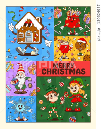 Christmas funny hippie groovy characters posters. Vector collage with cheerful comic gingerbread house, festive elves, snowflake, hot cocoa, gifts and cookies, capture joyful winter holiday spirit Christmas funny hippie groovy characters posters. Vector collage with cheerful comic gingerbread house, festive elves, snowflake, hot cocoa, gifts and cookies, capture joyful winter holiday spirit 130624957
