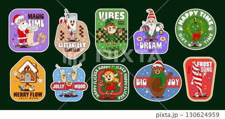 Christmas groovy stickers and New Year hippie patches with funny characters, cartoon vector. Winter holiday groovy stickers, elf and Santa with gifts, Christmas gingerbread cookie and funky candy cane Christmas groovy stickers and New Year hippie patches with funny characters, cartoon vector. Winter holiday groovy stickers, elf and Santa with gifts, Christmas gingerbread cookie and funky candy cane 130624959