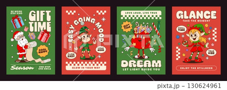 Christmas funny groovy characters posters with festive retro personages Santa Claus, elves, and cheerful gift bag with playful typography and uplifting phrases, filled with nostalgic holiday spirit Christmas funny groovy characters posters with festive retro personages Santa Claus, elves, and cheerful gift bag with playful typography and uplifting phrases, filled with nostalgic holiday spirit 130624961