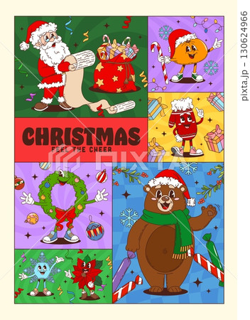 Groovy Christmas characters posters with Santa, funny bear and gifts, cartoon vector. Christmas groovy posters with funky Xmas tree decorations, Santa with wish list and holly wreath with happy face 130624966