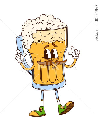 Cartoon groovy beer tankard drink character with foam on top, wearing sneakers and smiling, giving a friendly gesture. Vector playful glass cup personage exuding happiness, celebration and festivity 130624967