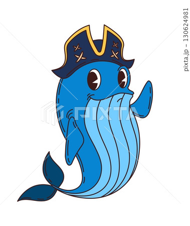 Cartoon funny blue whale pirate and corsair animal character, wearing captain tricorn hat, cheerfully waving. Isolated vector cute sea sperm buccaneer personage exudes retro hippie swashbuckler vibe 130624981