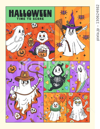 Halloween scary groovy characters posters. Playful retro collage featuring cute cartoon ghosts dressed as cowboys, hippie, spooky witch, vampire and clown, surrounded by candies, pumpkins and stars 130624982