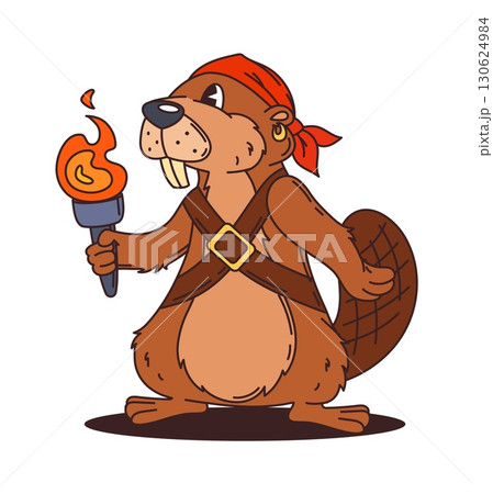 Beaver pirate or corsair cartoon animal character of ship crew, vector personage. Beaver in Caribbean sailor bandana with corsair earring and fire torch as Caribbean sailor or seaman animal character 130624984