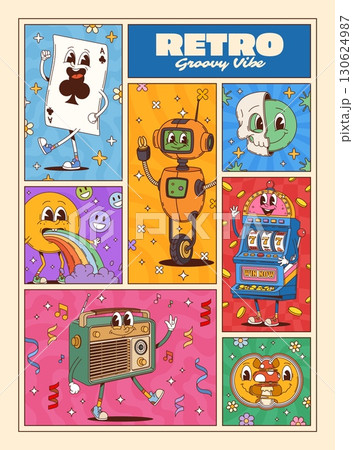 Game groovy characters collage poster. Vector retro banner featuring playful cartoon robot, card, rainbow spewing emoji, slot machine, skull and radio with quirky expressions, music notes and decor 130624987