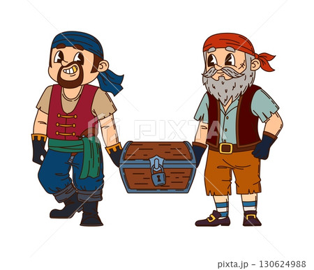 Caribbean pirates and corsairs, cartoon groovy ship crew characters carrying a treasure chest. Two cheerful bearded sailors holding a wooden trunk with a lock. Vector rover personages with gold loot 130624988