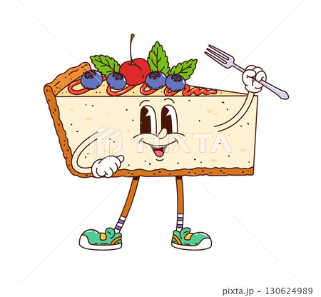 Cartoon groovy cheesecake or bakery sweets character, vector funny personage. Groovy cheesecake cake piece with happy smile on face and berries as funky retro groovy dessert or yummy pastry character 130624989