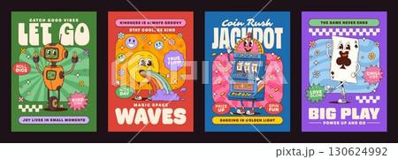 Game groovy hippie characters posters. Vector vibrant and whimsical set of retro prints with cheerful robot, card, slot machine and rainbow spewing emoji characters, promote positivity and kindness Game groovy hippie characters posters. Vector vibrant and whimsical set of retro prints with cheerful robot, card, slot machine and rainbow spewing emoji characters, promote positivity and kindness 130624992
