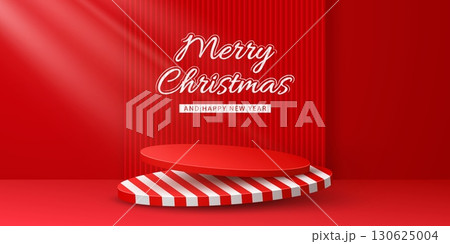 Christmas podium stage. 3d vector round platforms featuring a lower base decorated in white and red candy cane like diagonal stripes against red background for festive presentation and holiday events 130625004