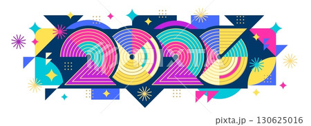 2026 Christmas and new year banner. Vector holiday date, vibrant geometry bold numbers in pink, yellow, blue, and purple concentric patterns, surrounded by abstract shapes, stars, and festive sparkles 130625016