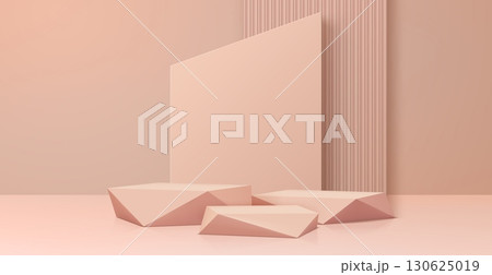 3d Beige podium stage pedestal with soft shadows and geometric shapes. Realistic vector platform for product display, cosmetics presentation or branding mockups. Elegant setup with subtle lighting 130625019