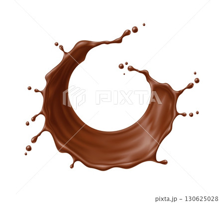 Round circle chocolate drink wave splash in circular motion. Realistic 3d vector cocoa swirl in shape of ring with dynamic droplets and smooth texture. Brown milk wave forming loop isolated on white 130625028