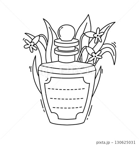 Perfume bottle or vial kids memo note frame. Kids diary page vector memo note, child scrapbook frame. Planner To Do list or children schedule checklist sticker with elegant glass vial and flowers 130625031