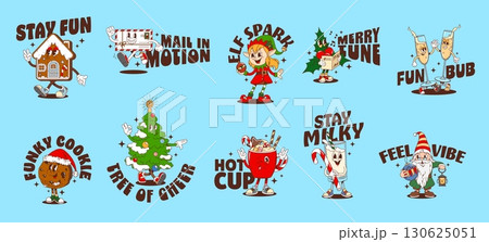 Winter Christmas Xmas y2k groovy stickers with cartoon elf, pine tree and gingerbread characters. Vector retro y2k Christmas cookie and milk, champagne and holly personages, groovy Xmas stickers set 130625051