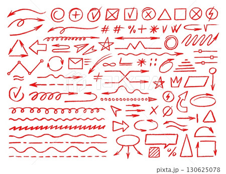 Doodle red crayon pencil hand drawn lines of arrow and underline, star and marks, highlight, check and cross symbols vector set. Marker sketches for annotations, infographics and presentations Doodle red crayon pencil hand drawn lines of arrow and underline, star and marks, highlight, check and cross symbols vector set. Marker sketches for annotations, infographics and presentations 130625078