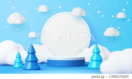 3d winter Christmas podium stage with Xmas trees at blue sky vector background with snow clouds and snowflakes. Merry Christmas holiday display podium, pedestal or platform stage with round frame 3d winter Christmas podium stage with Xmas trees at blue sky vector background with snow clouds and snowflakes. Merry Christmas holiday display podium, pedestal or platform stage with round frame 130625080