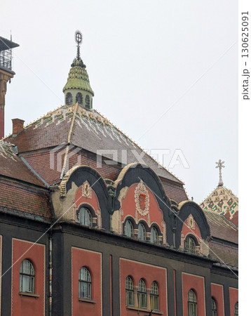 Ornamental rooftop detail of Subotica City Hall in northern Serbia. Cultural heritage, architectural style and historical significance of Hungarian Art Nouveau design in European urban landscape. 130625091