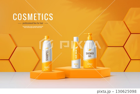3d orange podium stage with cosmetic bottles and packages on vector honeycomb platforms. Realistic cosmetic products display stand, podium stage or scene with shampoo, balm and shower gel bottles 130625098