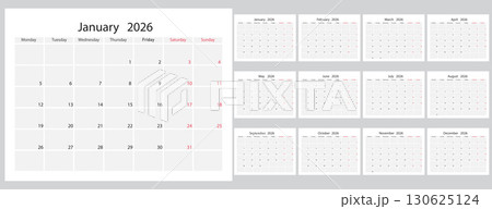 Minimalist Yearly 2026 Calendar Grid with Weekdays Highlighted. Minimalist Yearly 2026 Calendar Grid with Weekdays Highlighted. 130625124