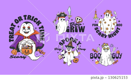 Retro groovy Halloween ghost characters stickers and funny t shirt prints set. Vector psychedelic Halloween night ghost boo characters groovy stickers with trick or treat candies and pumpkin basket 130625153