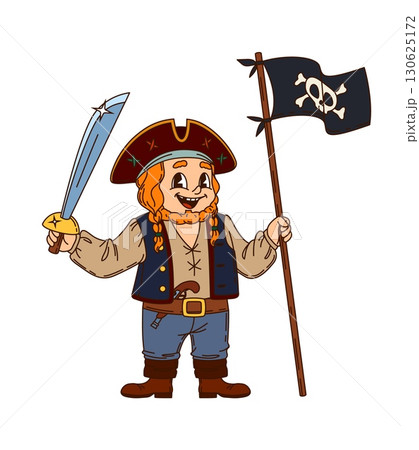 Caribbean pirate or corsair character with Jolly Roger skull flag, cartoon groovy vector. Caribbean pirate sailor or boatswain in captain tricorne hat with sword and musket gun as funny character 130625172