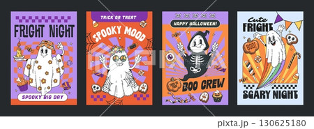 Funny groovy Halloween ghost characters posters, vector trick or treat horror night party. Cartoon retro y2k scary ghost and phantom boo characters, Halloween costumes and candies groovy posters set 130625180