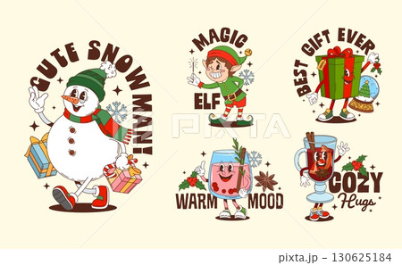 Funny Christmas groovy characters stickers and t shirt prints for winter holiday, vector. Groovy stickers with cartoon snowman and Santa gifts, magic elf and mulled wine with Christmas greeting quotes 130625184