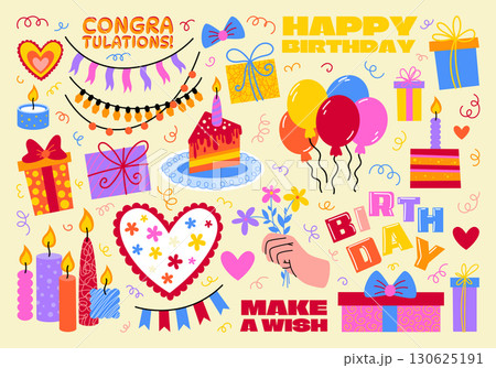 Set of retro cartoon birthday stickers. Party elements in doodle style, balloons, gifts, cakes, candles, bows, streamers, confetti. Illustrations for decorating parties, greetings, birthday, festival. Set of retro cartoon birthday stickers. Party elements in doodle style, balloons, gifts, cakes, candles, bows, streamers, confetti. Illustrations for decorating parties, greetings, birthday, festival. 130625191
