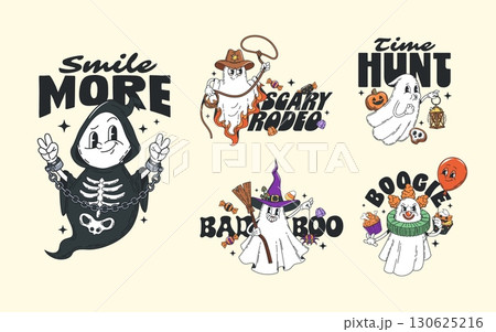 Hippie Halloween groovy characters stickers and retro t shirt prints with quirky ghosts cowboy, witch, reaper and clown, paired with playful y2k phrases, creating fun, retro spooky celebration vibe 130625216