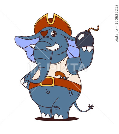 Cartoon funny elephant animal pirate and corsair character with cannon ball and gun. Isolated vector tropical creature gunner personage wearing eye patch and tricorn ready for nautical sea adventure 130625218