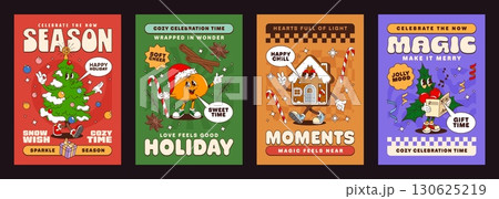Christmas groovy characters posters, xmas hippie personages. Vector festive holiday cards featuring cartoon y2k decorated tree, gingerbread house, orange in a Santa hat, and holly leaf singing carols 130625219