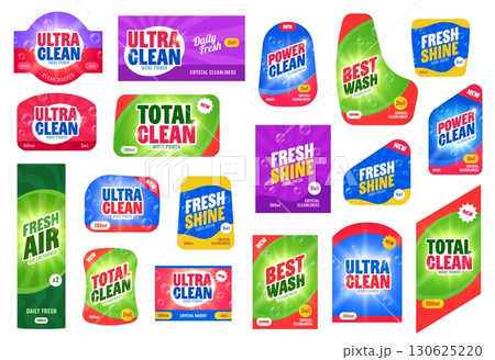 Label of cleanser, liquid soap and detergent packages. Vector set of cleaning product emblems for brands such as ultra, power and total clean, best wash, fresh shine and fresh air household production 130625220