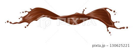 Chocolate drink flow splash wave. Realistic liquid long brown splatter. Isolated 3d vector delicious treat, rich and velvety burst of cocoa goodness. Choco swirl with drops, sweet indulgent dessertV 130625221