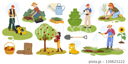 Farmer gardener and farm worker characters, vector agriculture people. Cartoon farmer men and women working at farm field and garden. Gardeners watering crop plants and vegetables, harvesting fruits Farmer gardener and farm worker characters, vector agriculture people. Cartoon farmer men and women working at farm field and garden. Gardeners watering crop plants and vegetables, harvesting fruits 130625222