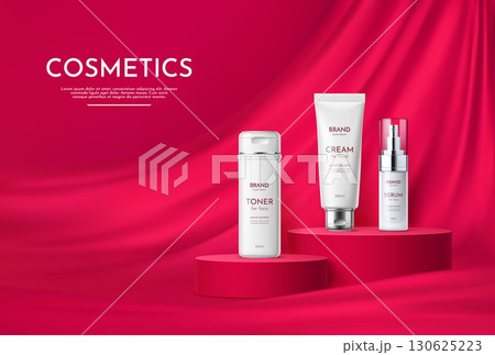 3d red podium stage with white cosmetic bottles and tube. Vector realistic skin care product display podium with modern minimal platforms. Round red pedestal, stage or scene, fabric drapery background 130625223