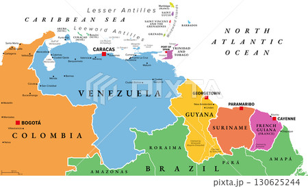 Venezuela and The Guianas, multi colored political map. Geographical region in north-eastern South America, consisting of Venezuela and The three Guianas Guyana, Suriname, and French Guiana. Vector 130625244